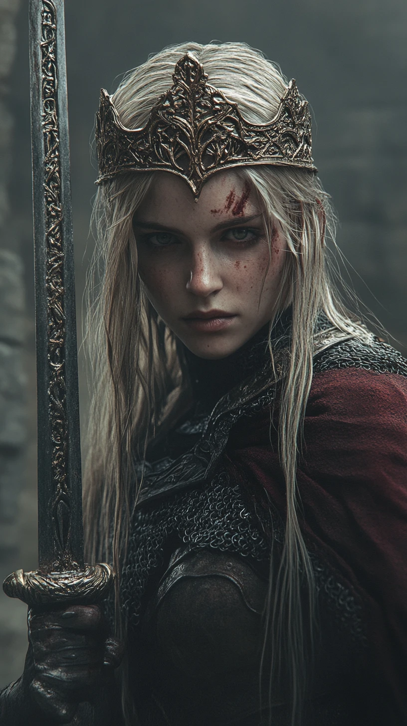 Solemn blond warrior woman with sword and crown