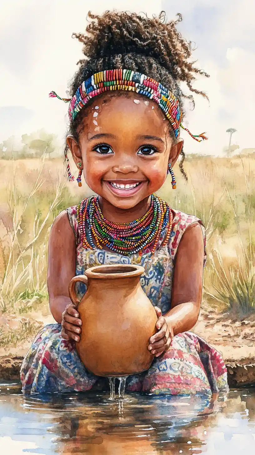 Smiling African girl with clay jug by a savannah waterhole
