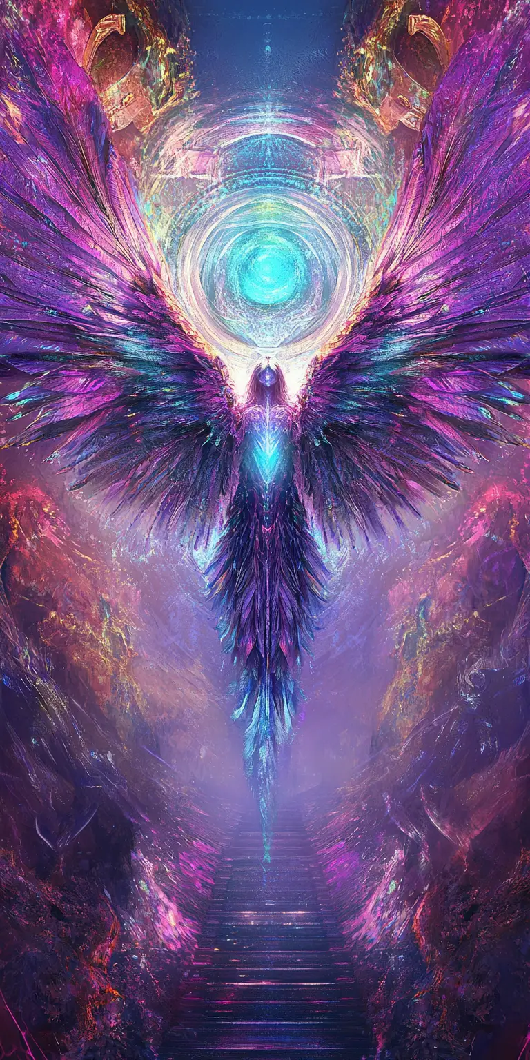 Otherworldly guardian angel with towering feathered wings