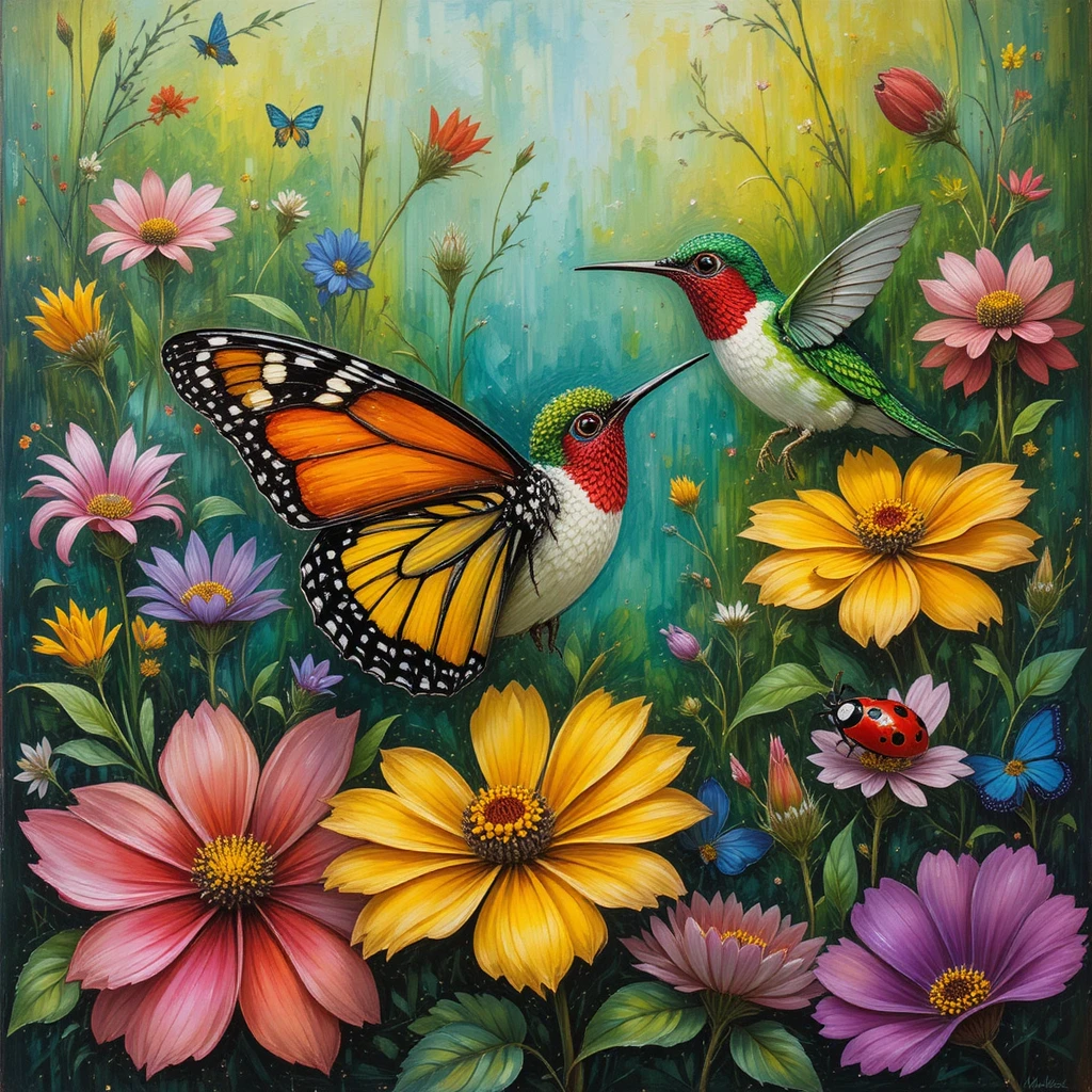 Bunter Schmetterling und Kolibri zwischen leuchtend gemalten Blumen