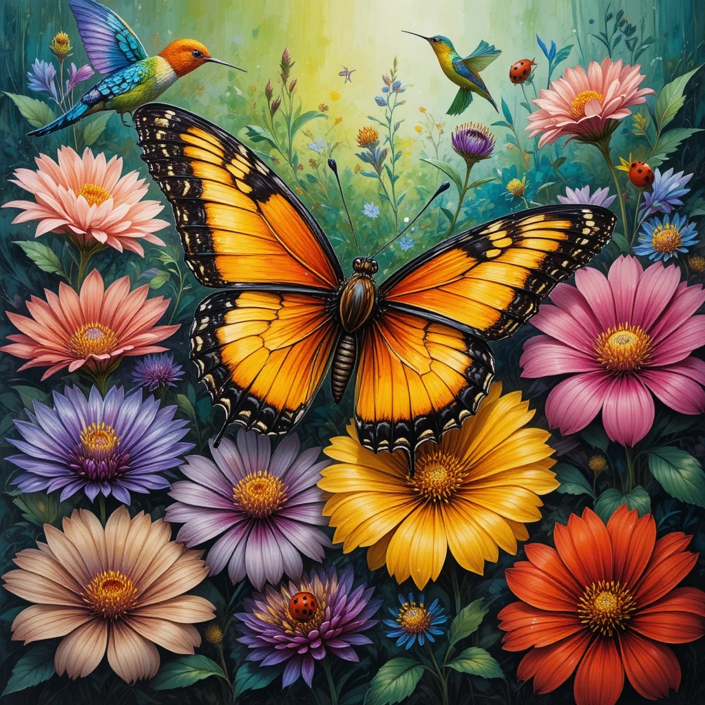 Farbenfrohes Gemälde von Schmetterling und Vogel zwischen Blumen