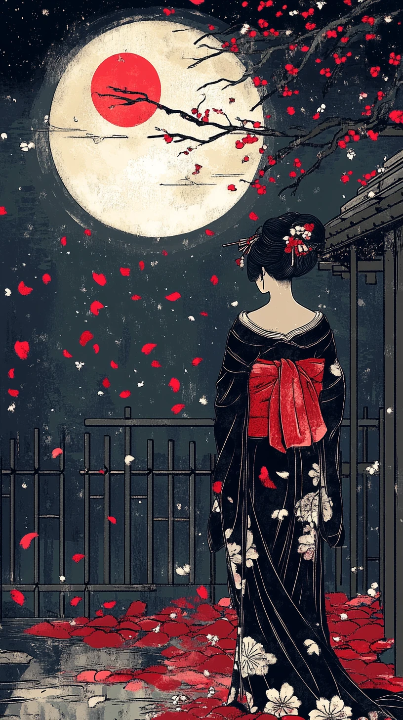 Geisha in giardino giapponese al chiaro di luna con petali di ciliegio cadenti