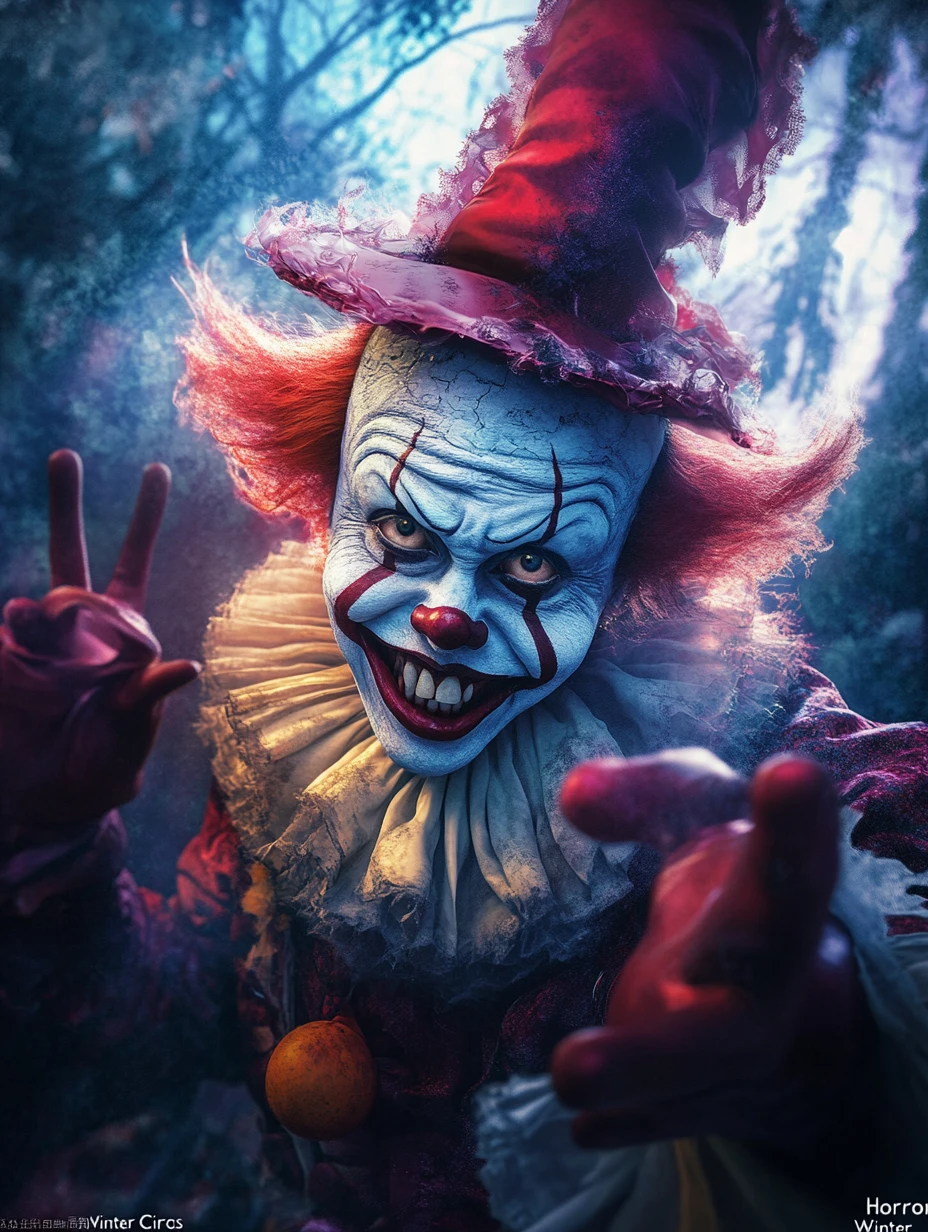 Rostros malignos y siniestros en un oscuro circo de invierno de terror