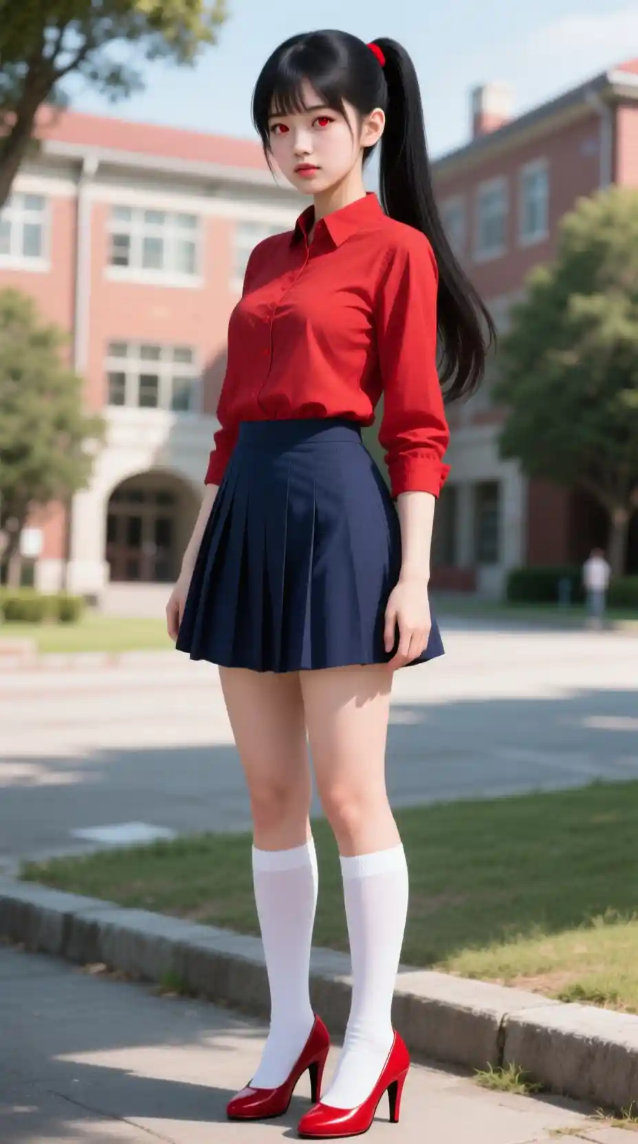 Femme japonaise en blouse rouge debout sur un campus universitaire