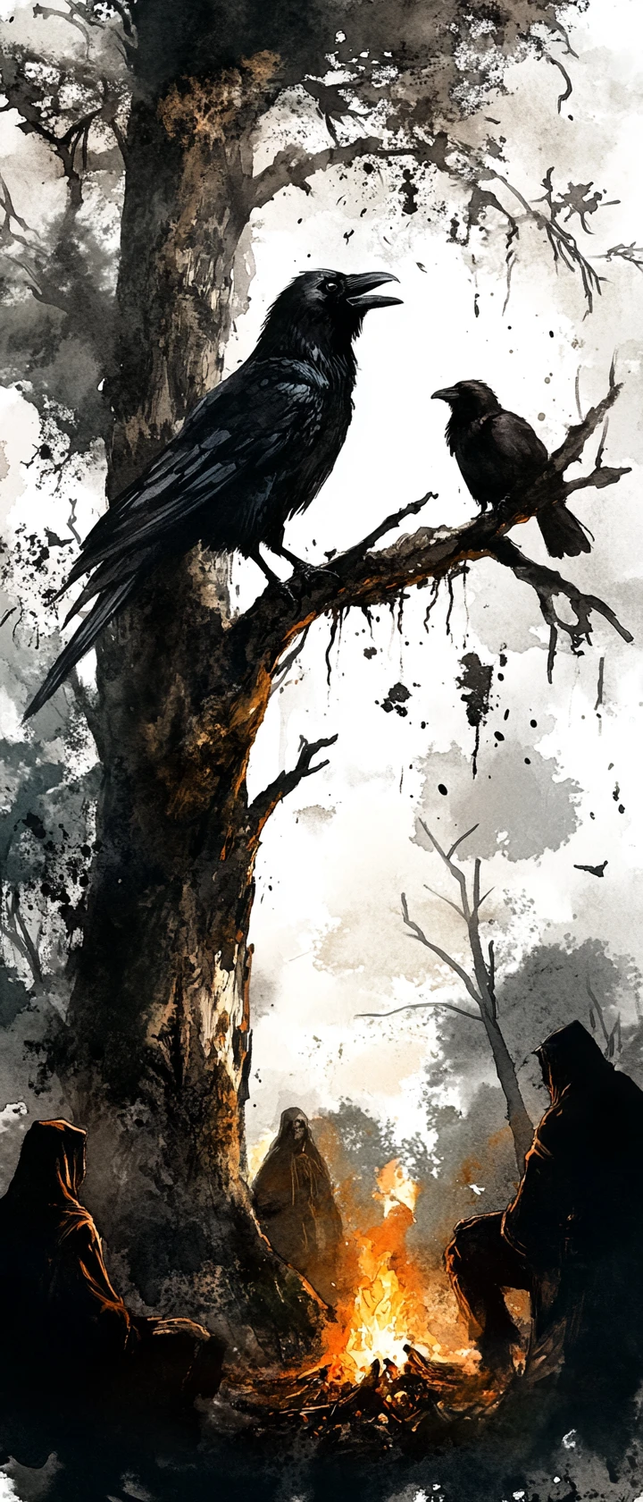 Black raven on twisted oak branch in dark forest