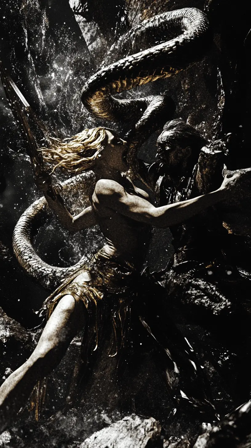 Medusa battling a medieval warrior under cold moonlight