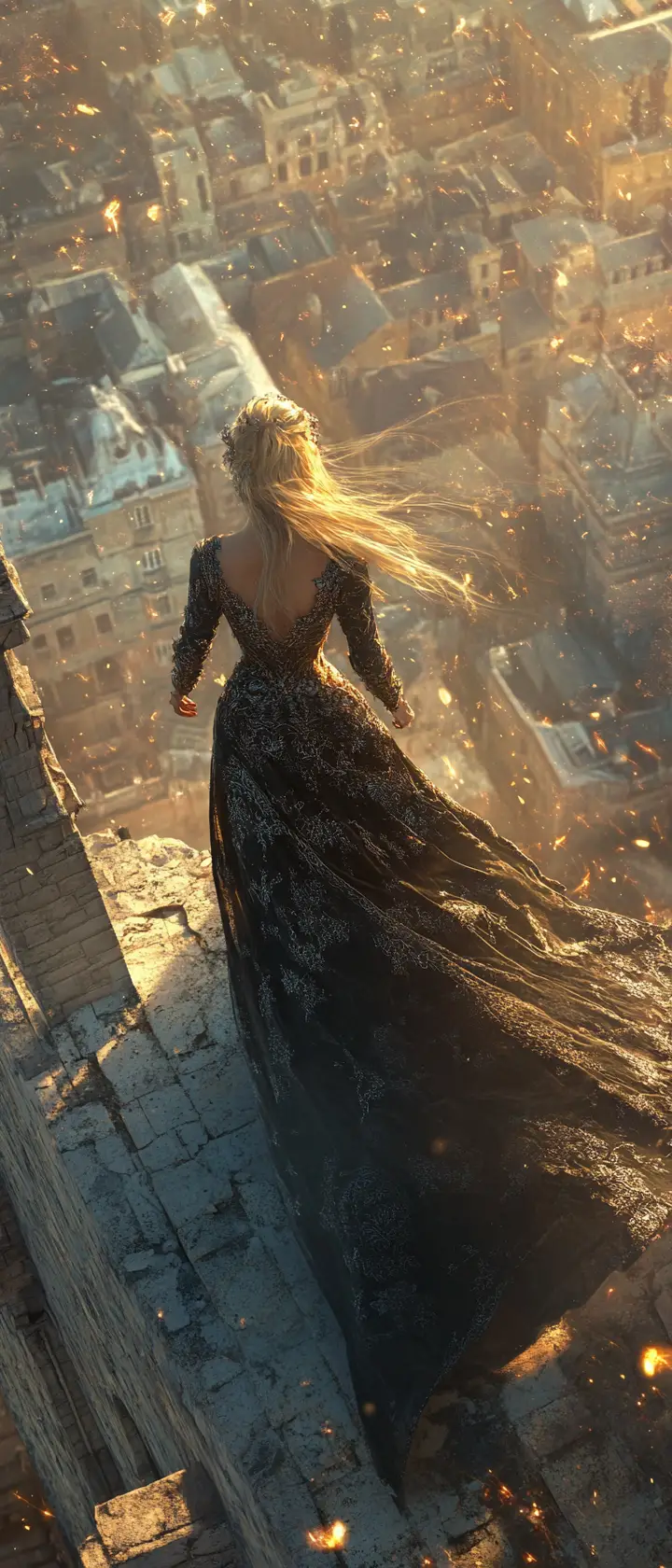 Girl on a crumbling tower in warm sunset light
