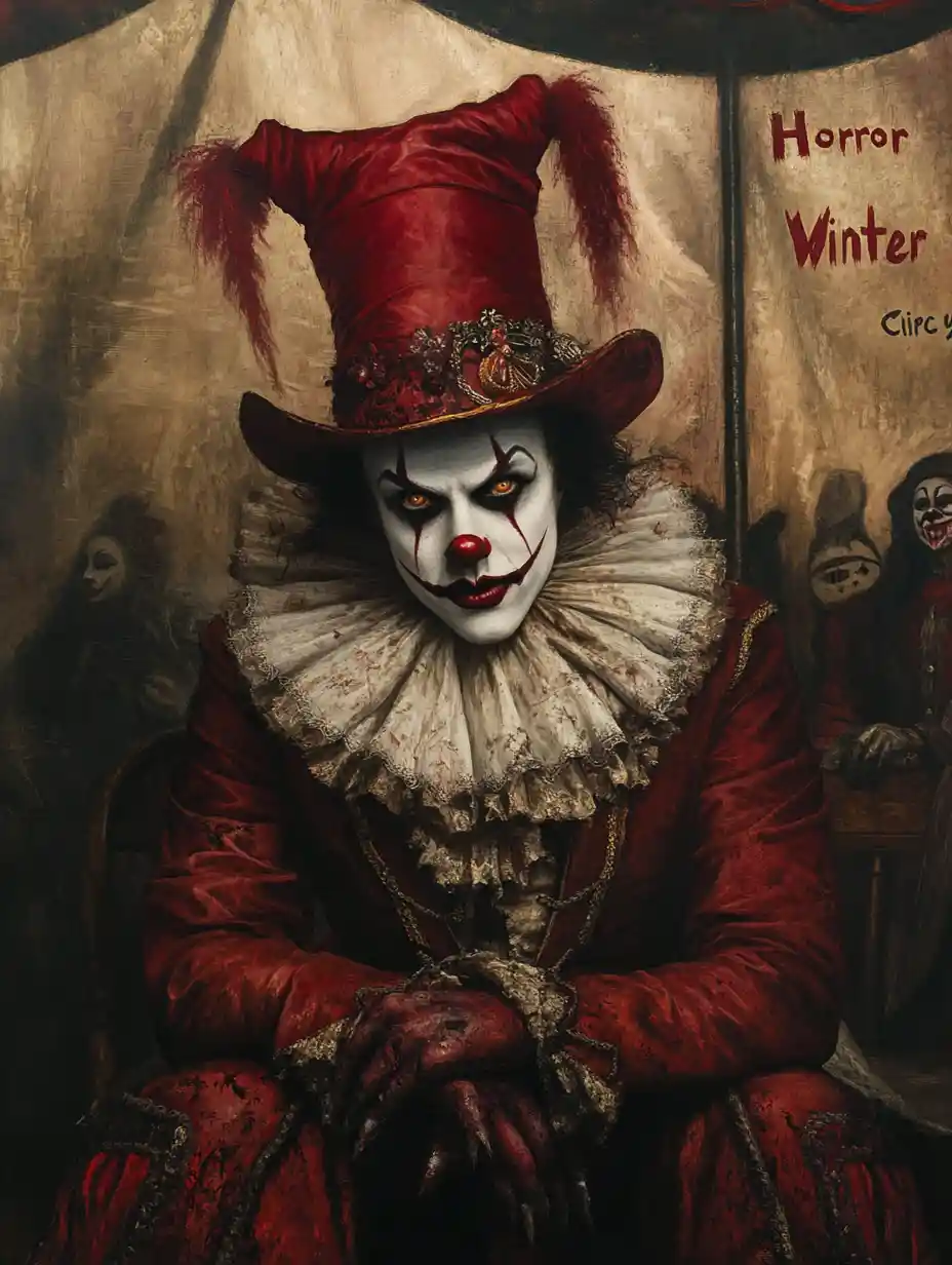 Rostros malvados que acechan en una retorcida escena de circo de invierno de horror