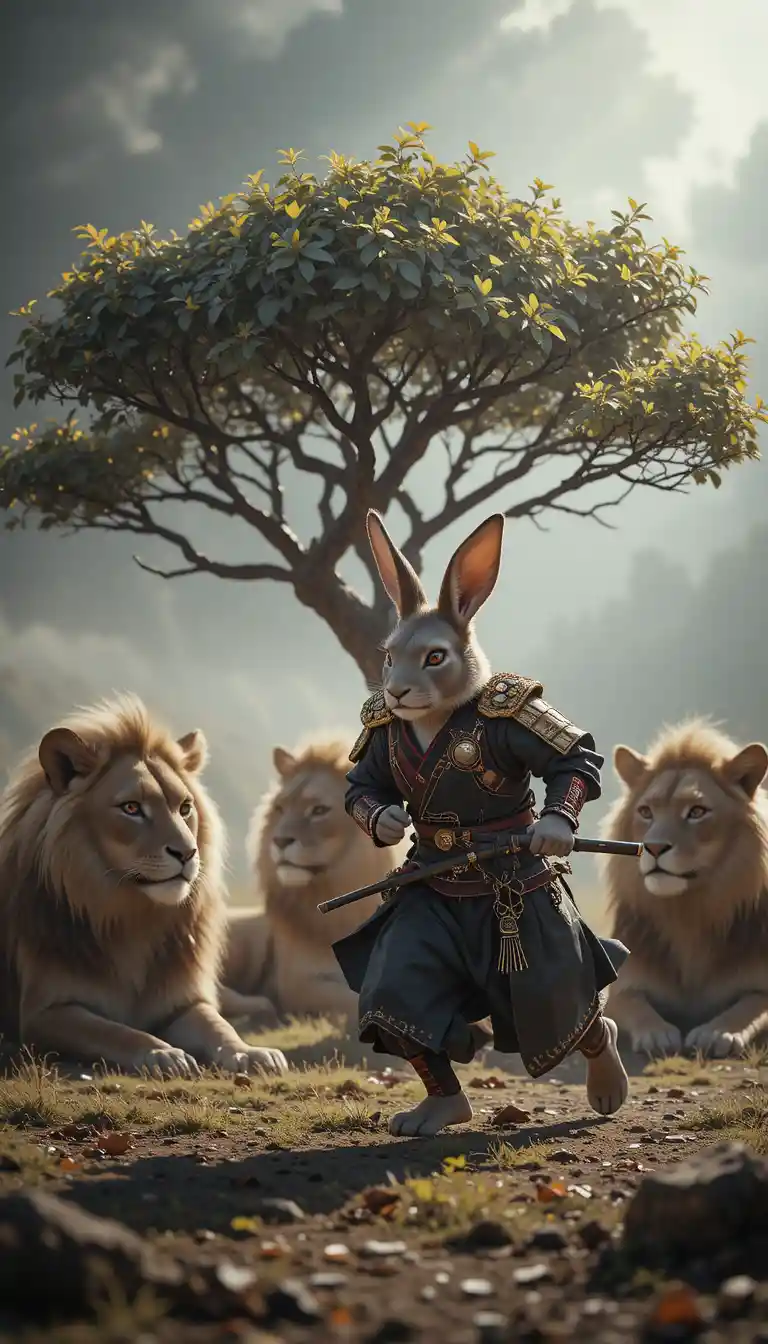 Samurai rabbit running past resting lions under a tree