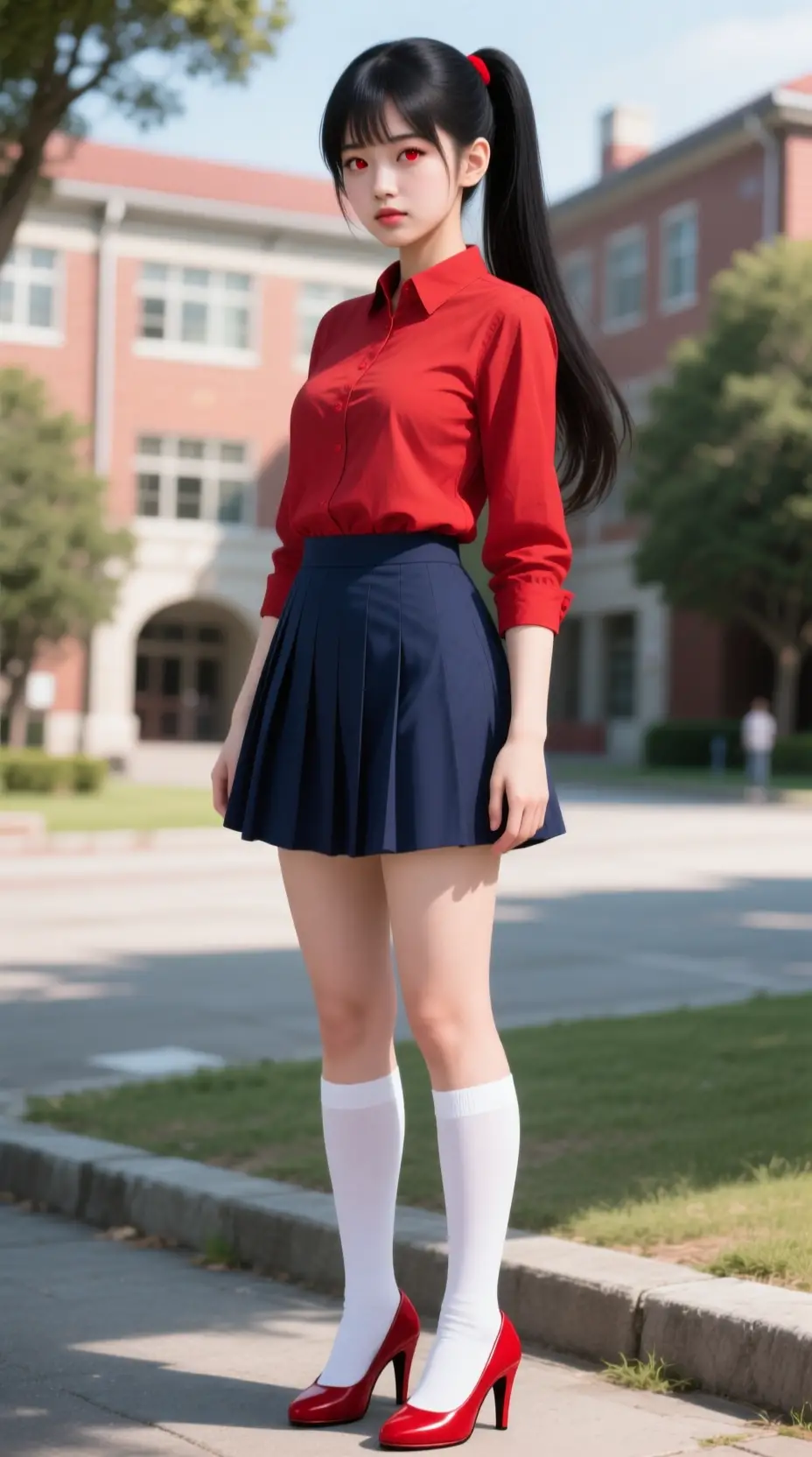 Japanische Frau in roter Bluse steht auf dem Universitätscampus
