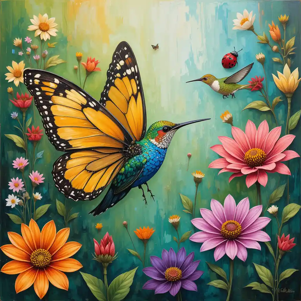 Farbenfroher Schmetterling und Garteninsekten in expressiver Blumenmalerei