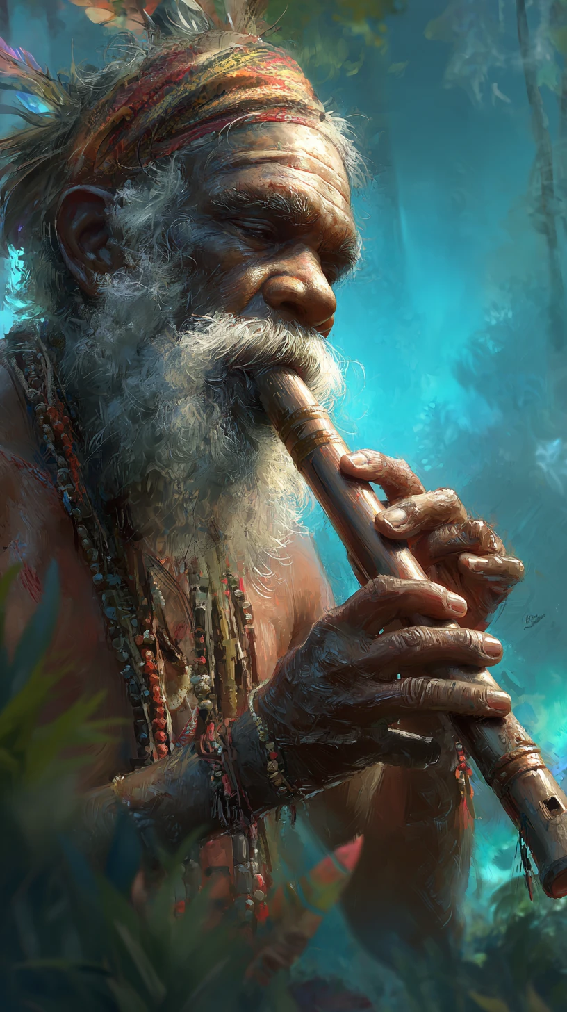 Man playing didgeridoo in a dreamy natural landscape