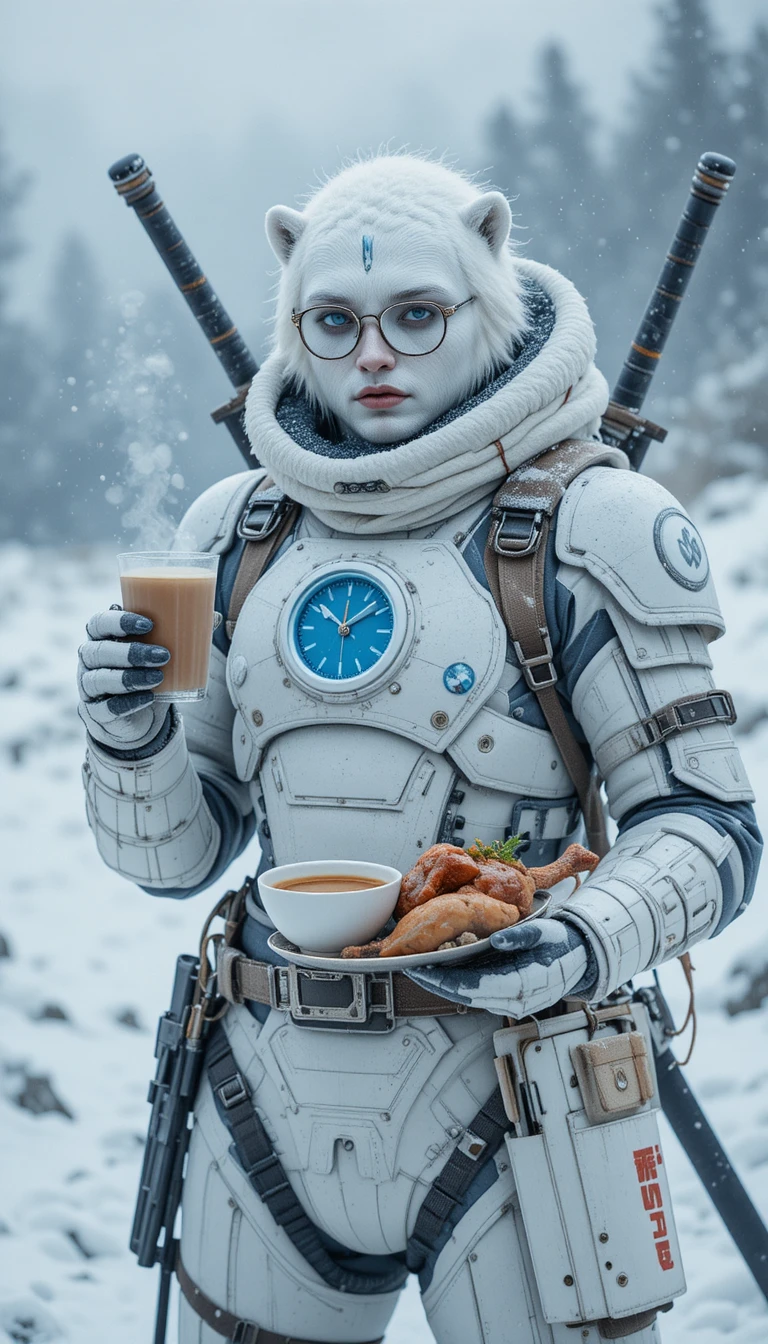 Armored warrior in snowy landscape with latte and bento