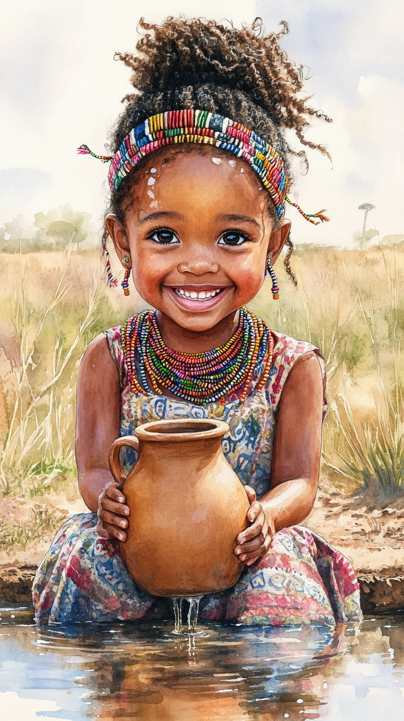 Smiling African girl with clay jug by a savannah waterhole