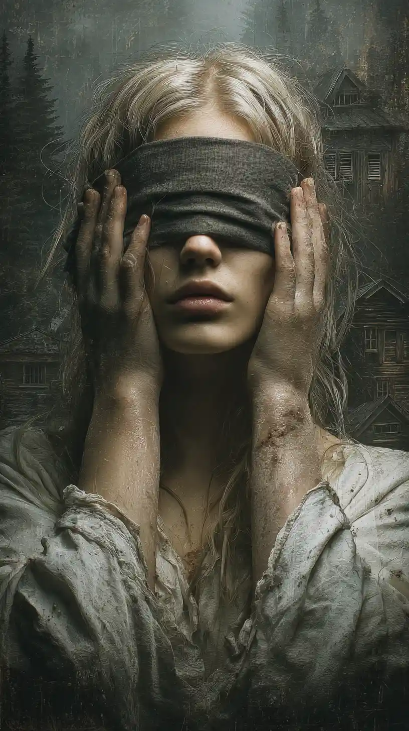 Blindfolded woman in torn white dress in dark forest