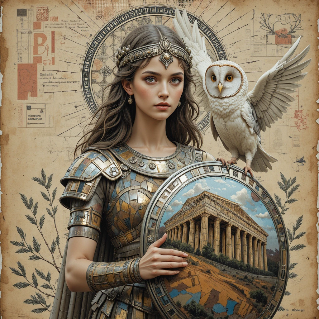 Armored goddess portrait with owl and reflective shield
