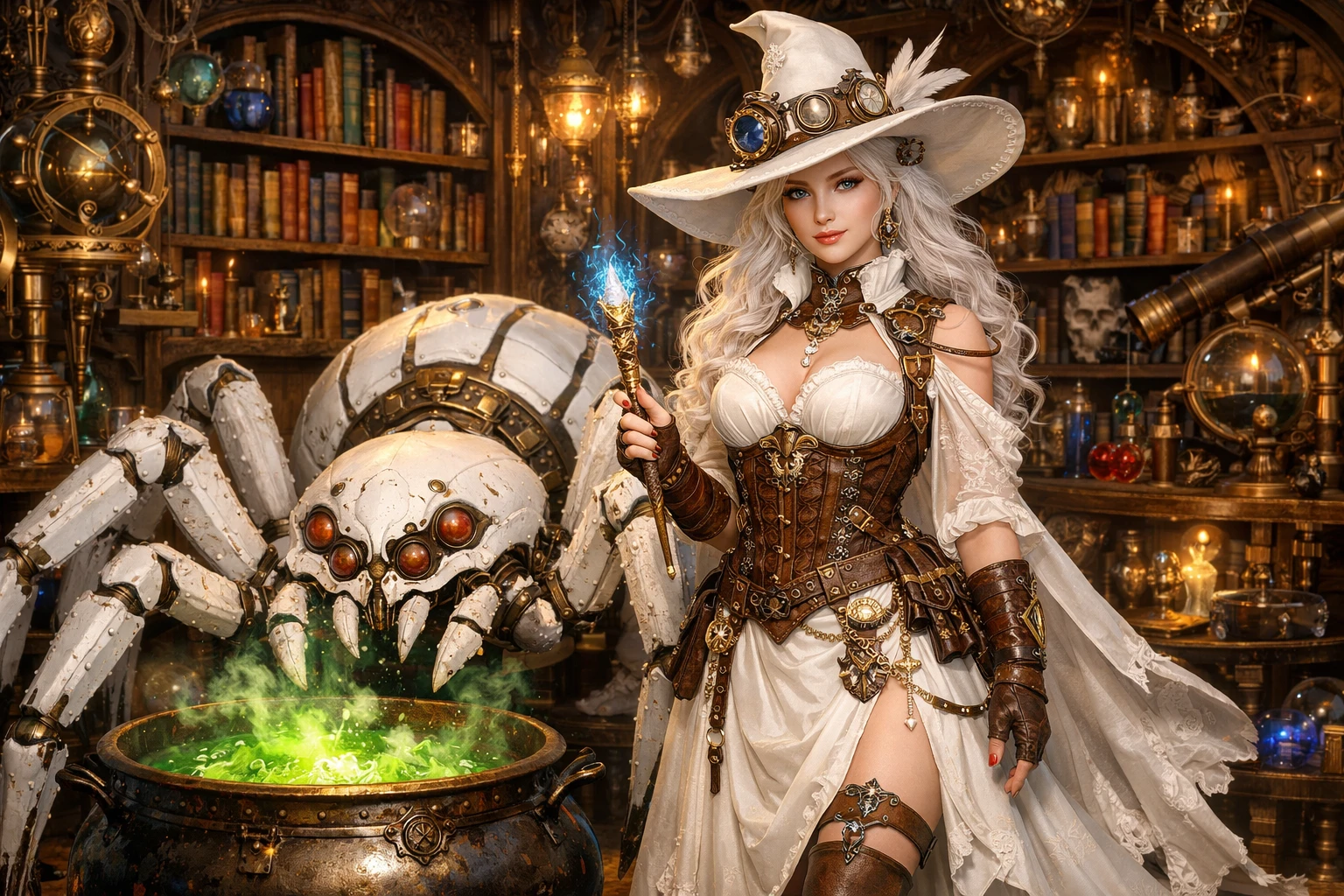 White steampunk witch in a magical library with cauldron