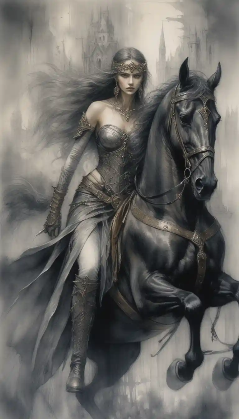 Regina guerriera dark fantasy su un destriero nero da guerra