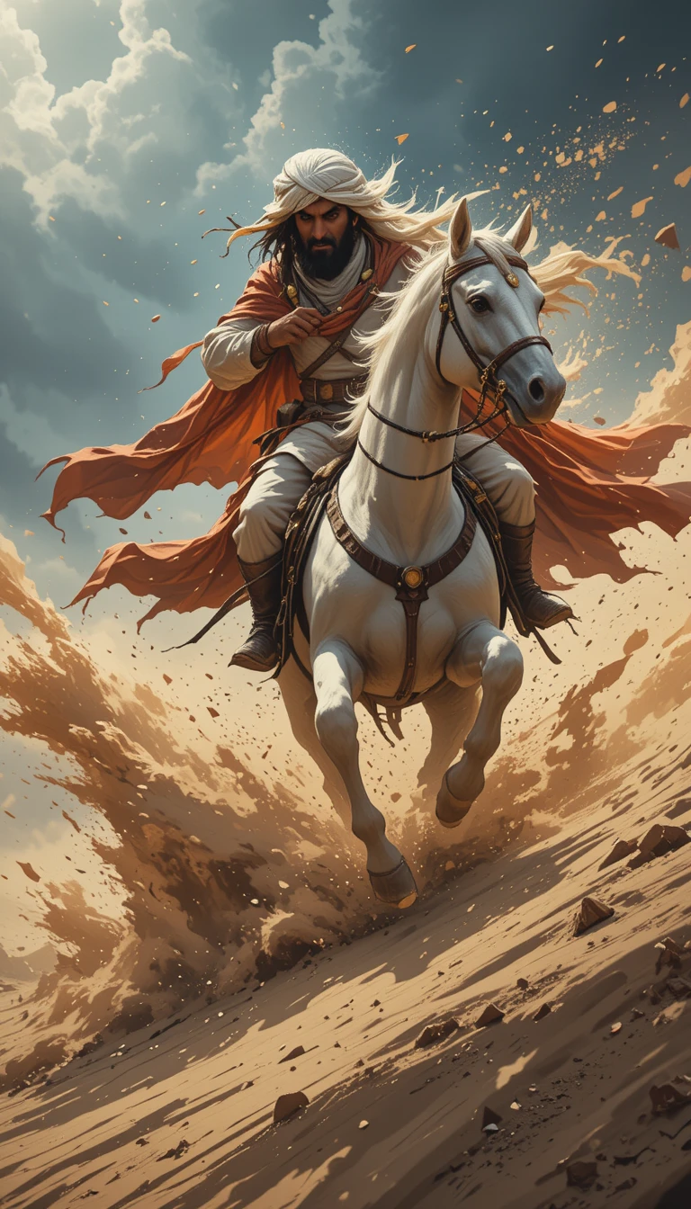 Bedouin warrior charging down a desert dune on white horse