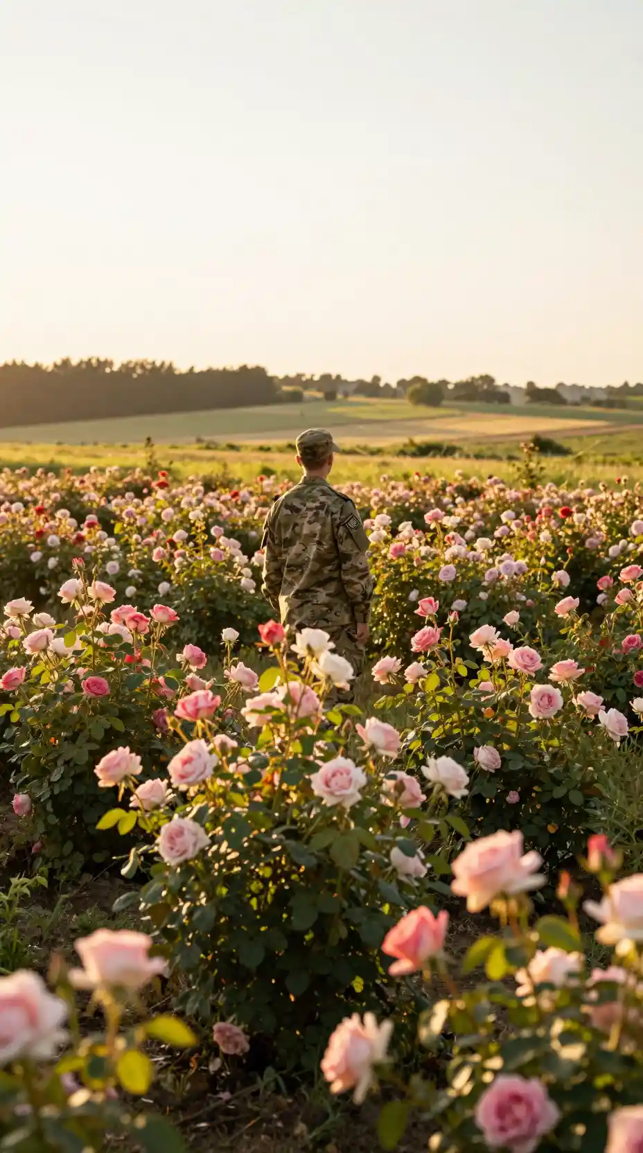 Einsamer Soldat im sonnenbeschienenen Rosenfeld im Morgengrauen
