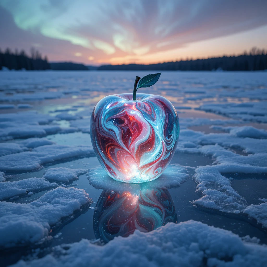 Glowing Glass Apple On A Frozen Snowy Lake At Twilight