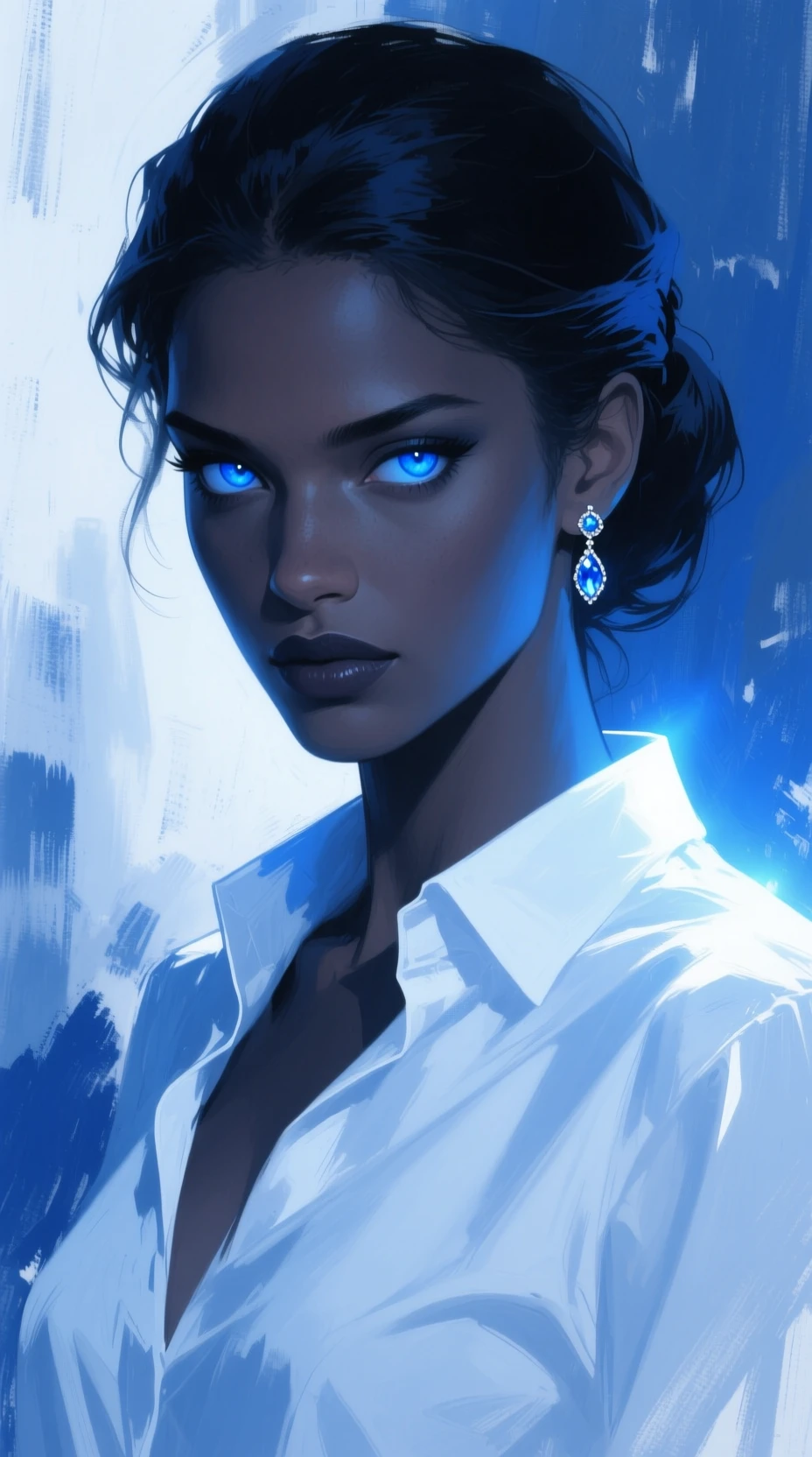 Woman with electric blue eyes in luminous portrait