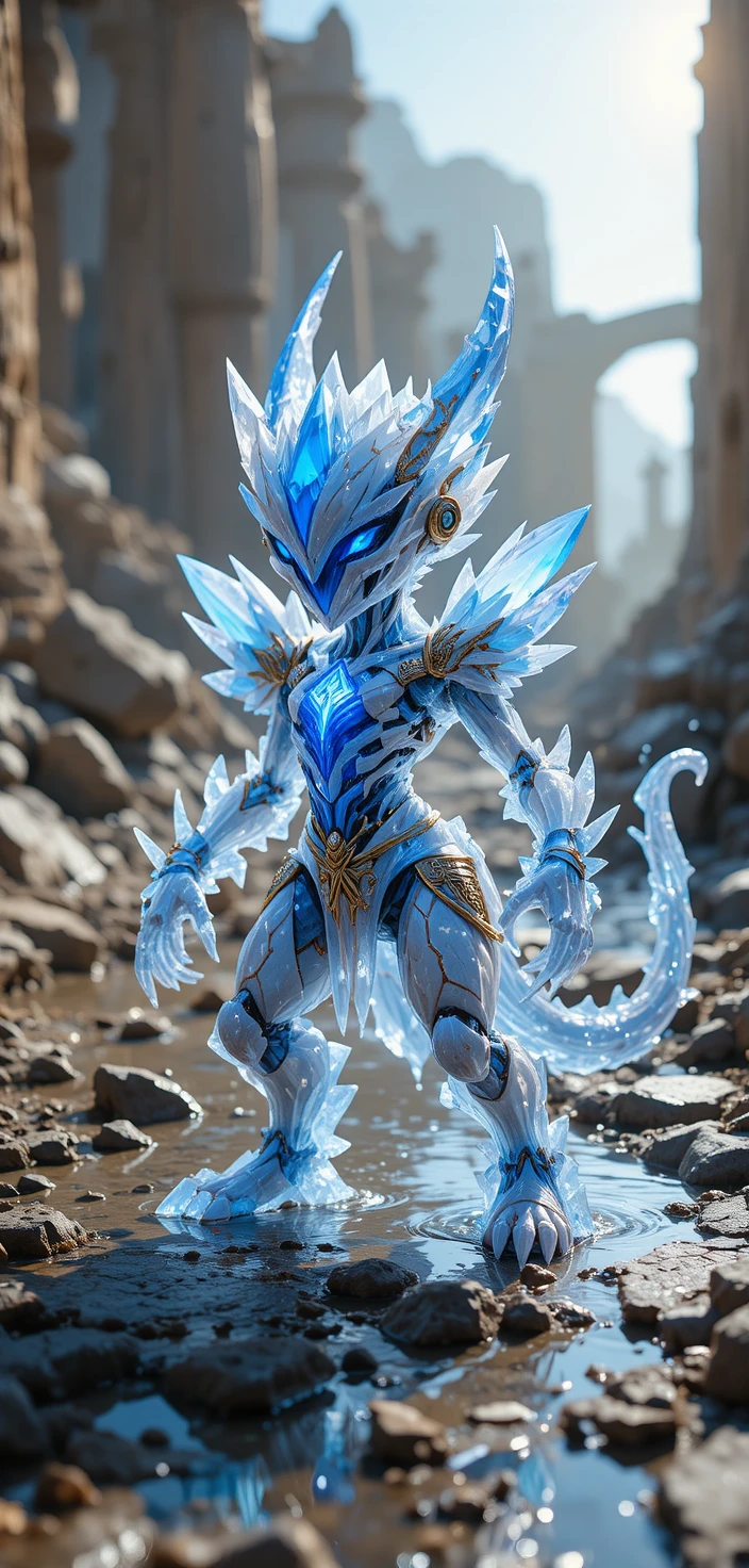 Anime-Kristallgolem in angespannter kampfbereiter Pose