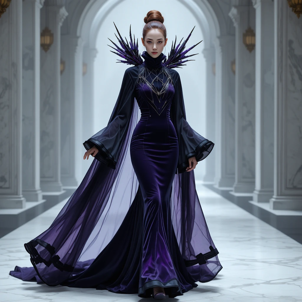 Korean model in purple velvet gown on futuristic runway