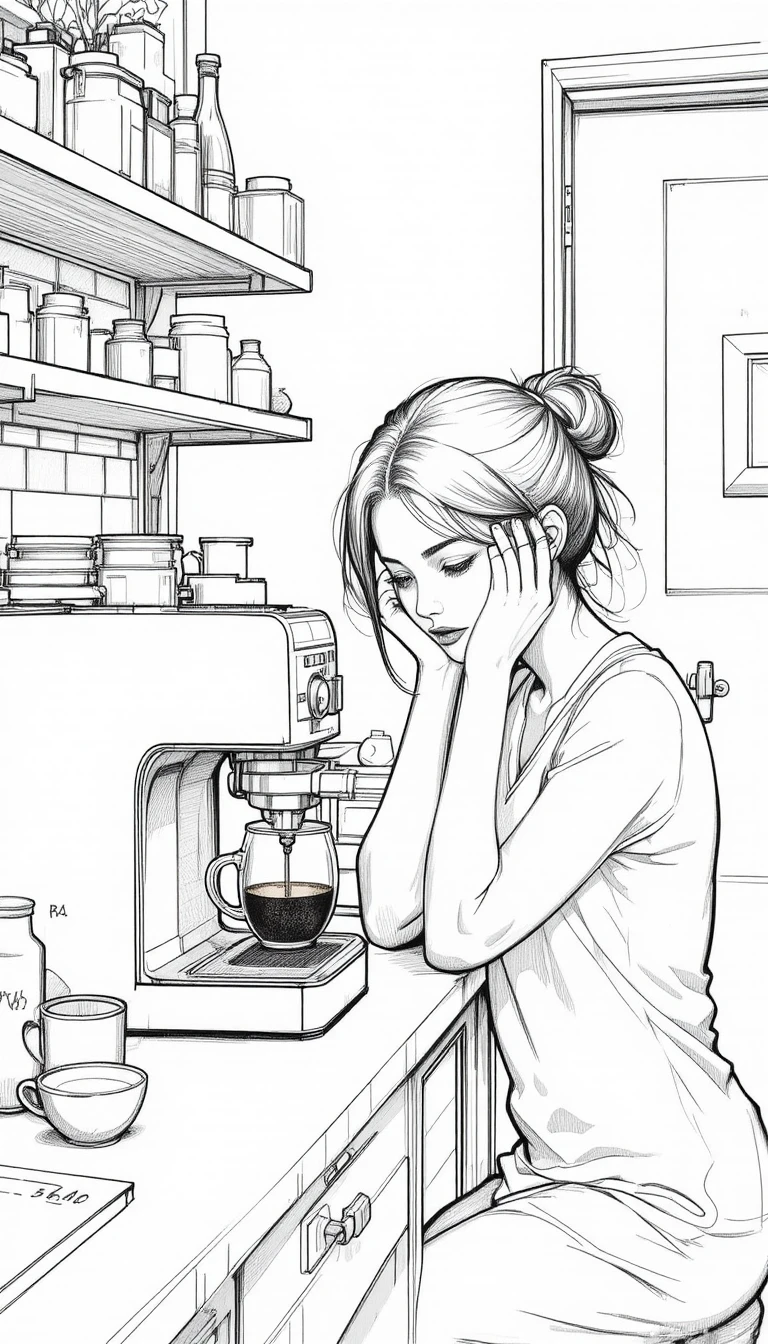 Pensive girl with coffee beside an espresso machine
