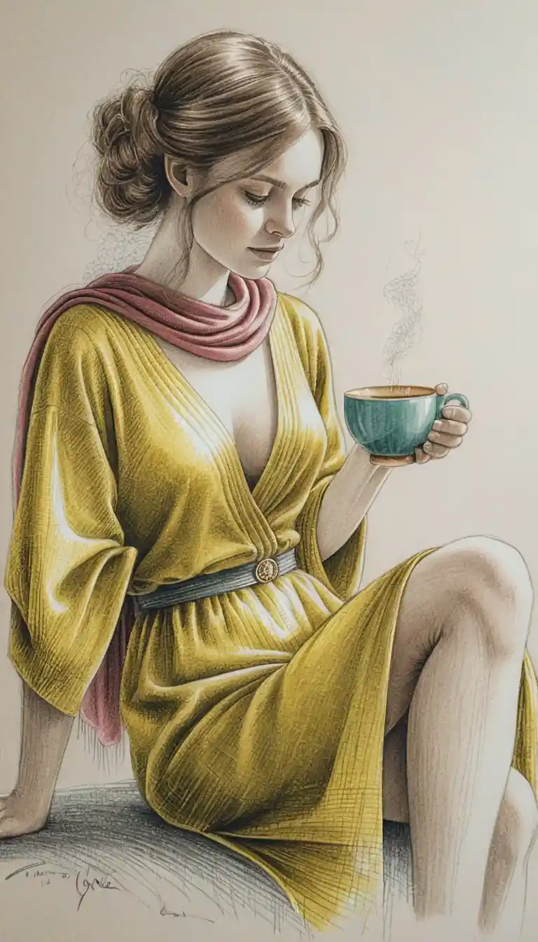 Woman with tea by sunlit window in pencil drawing