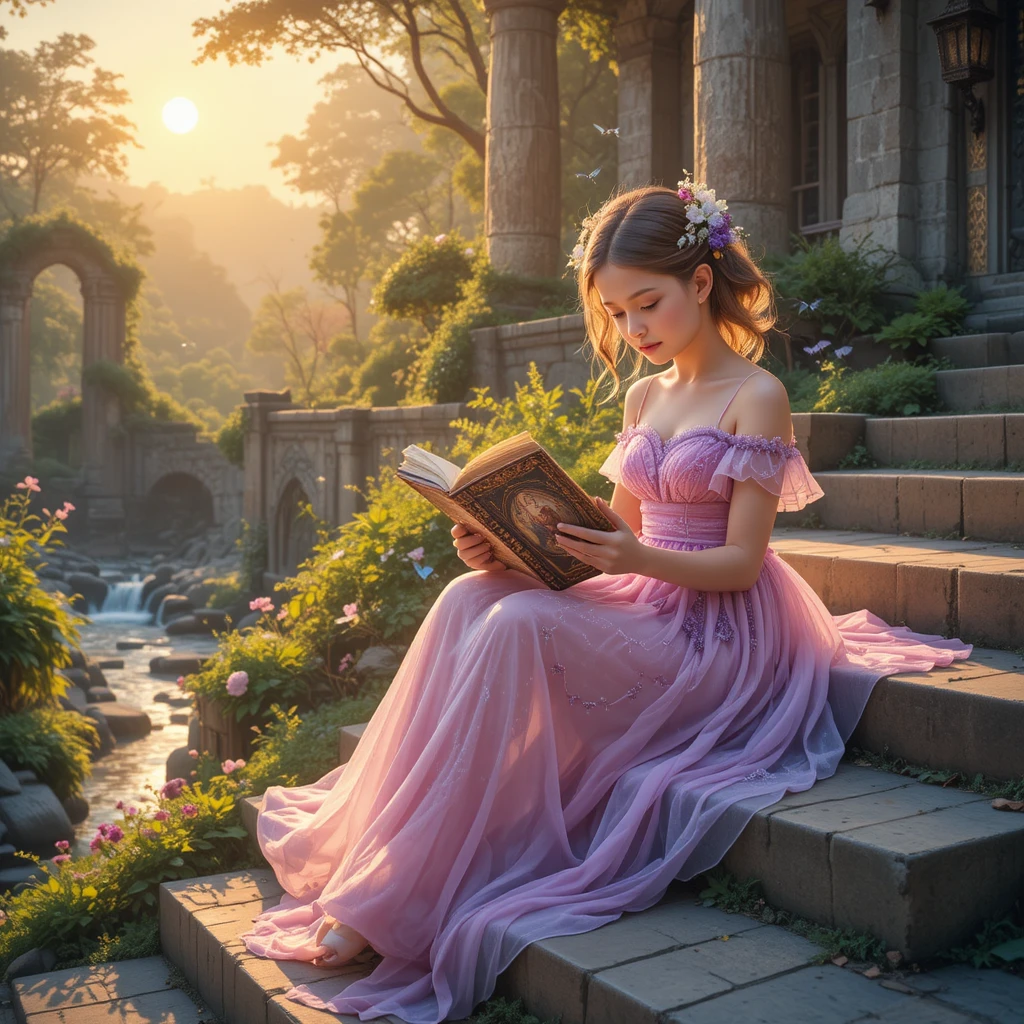 Young girl reading on sunlit ancient stone steps