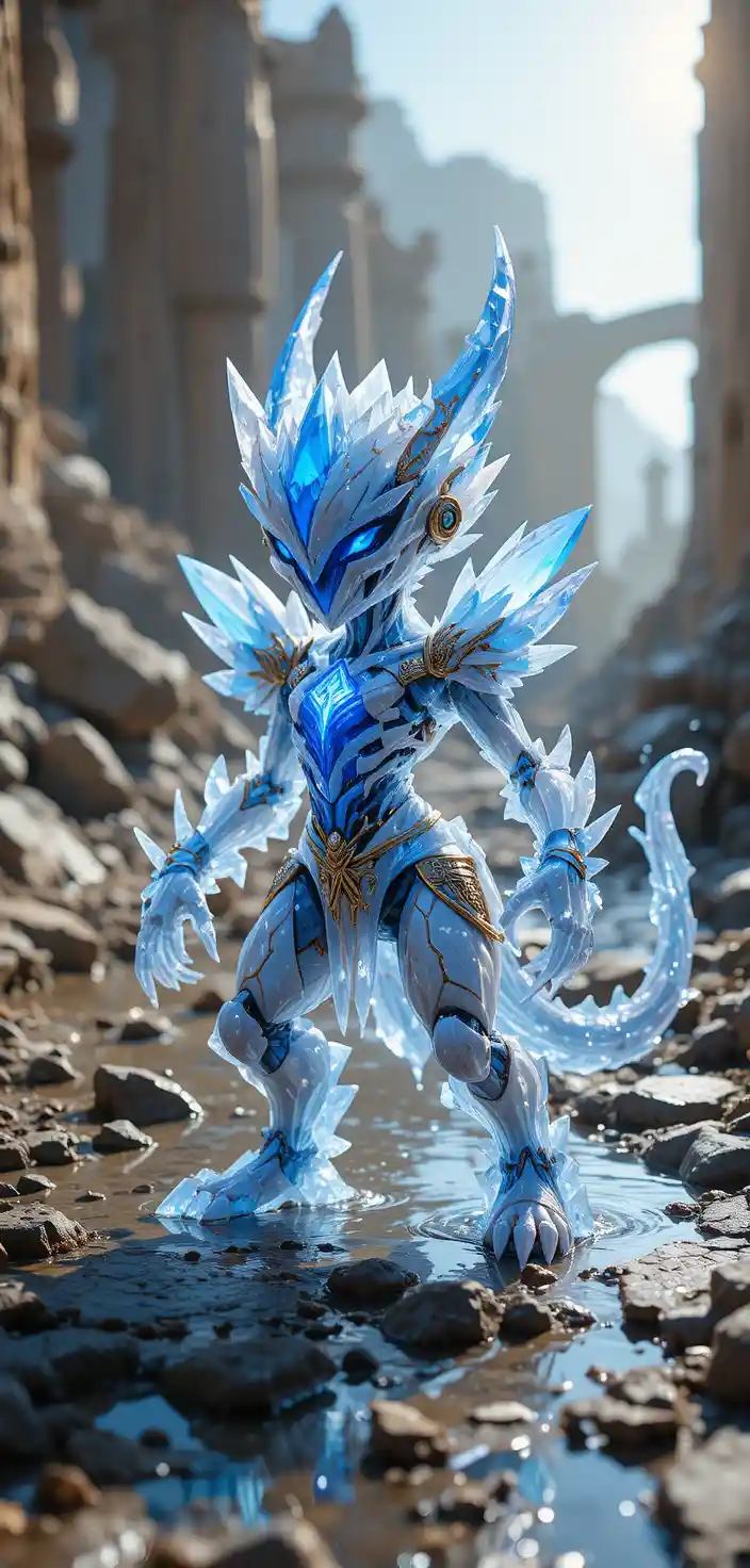Anime-Kristallgolem in angespannter kampfbereiter Pose