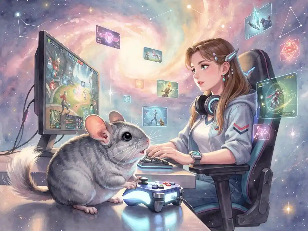 Young woman gaming at computer with fluffy chinchilla companion