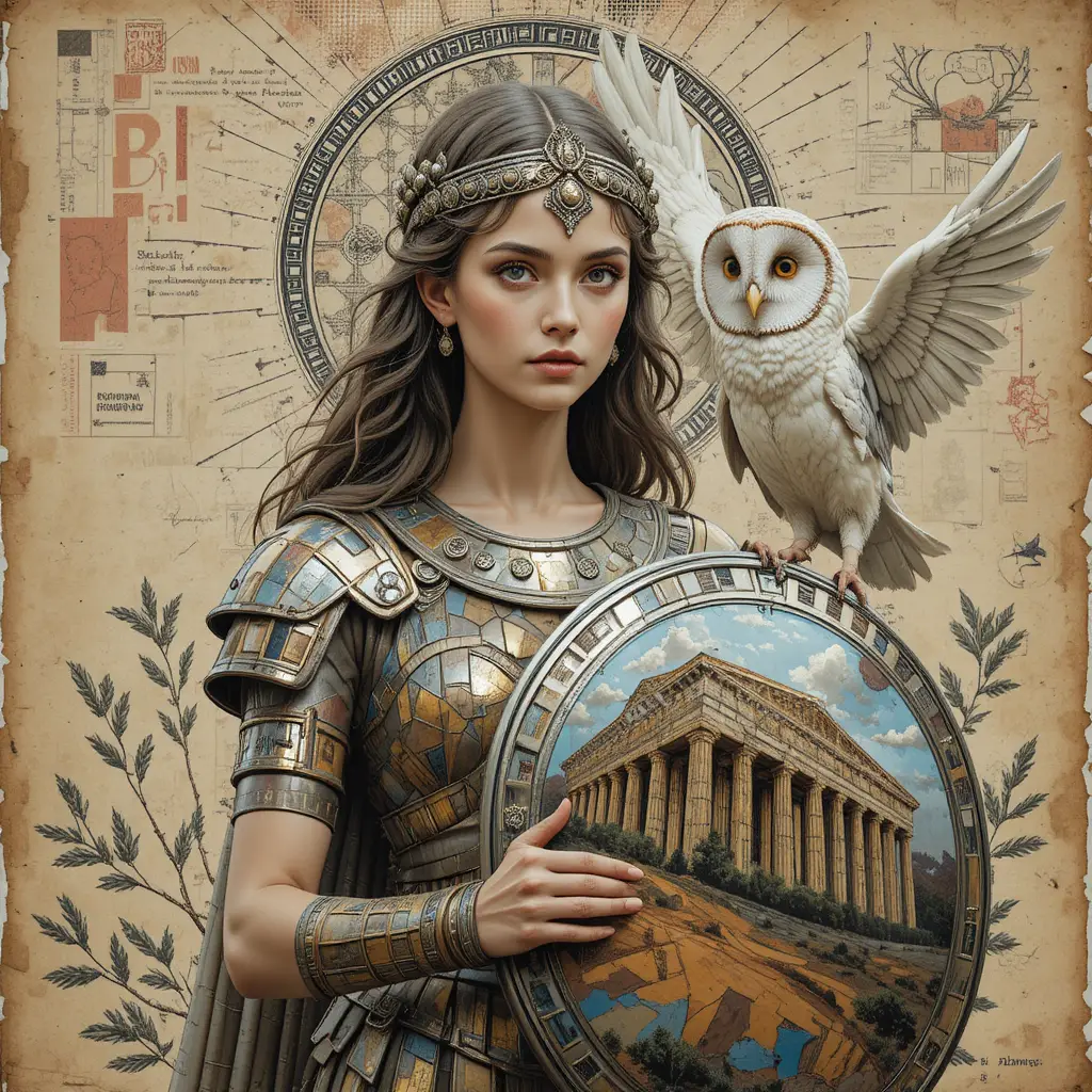 Armored goddess portrait with owl and reflective shield