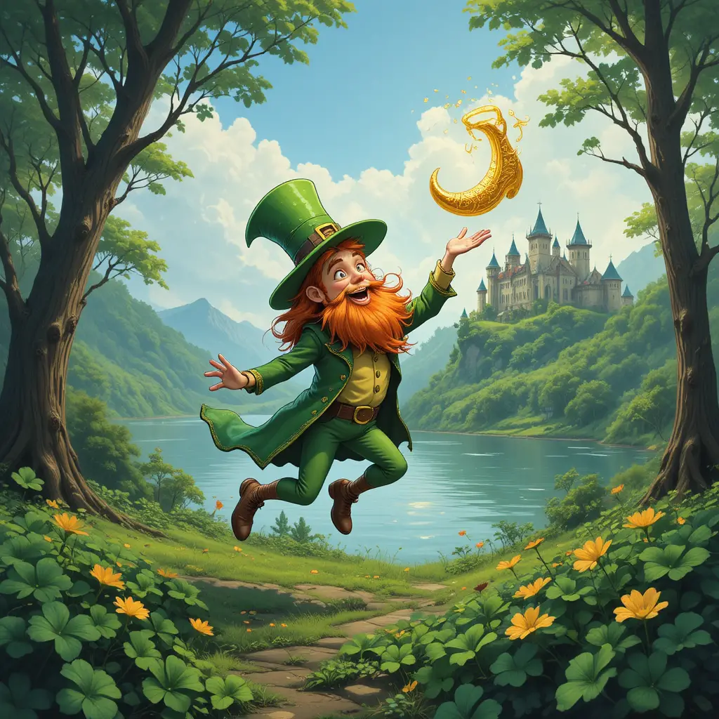 Joyful leprechaun leaping among forest shamrocks
