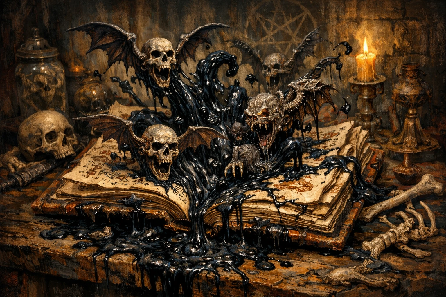 Antico libro dei morti che sprigiona teschi e liquido oscuro