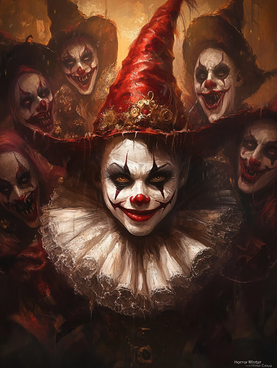 Evil monster faces haunt a twisted horror winter circus