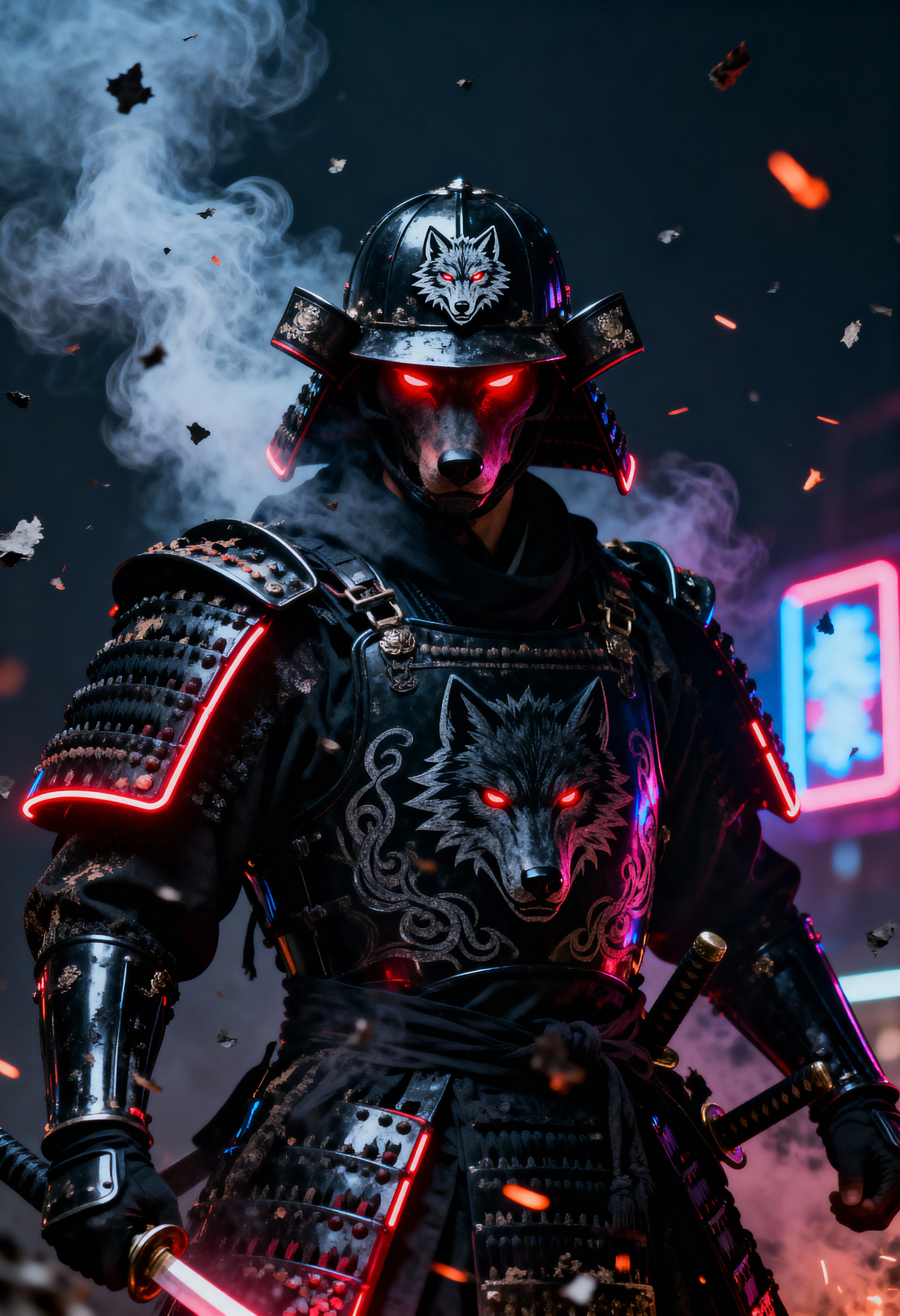 Dunkler Samurai-Kriegsherr in schwarzer Rüstung zwischen Rauch und Funken
