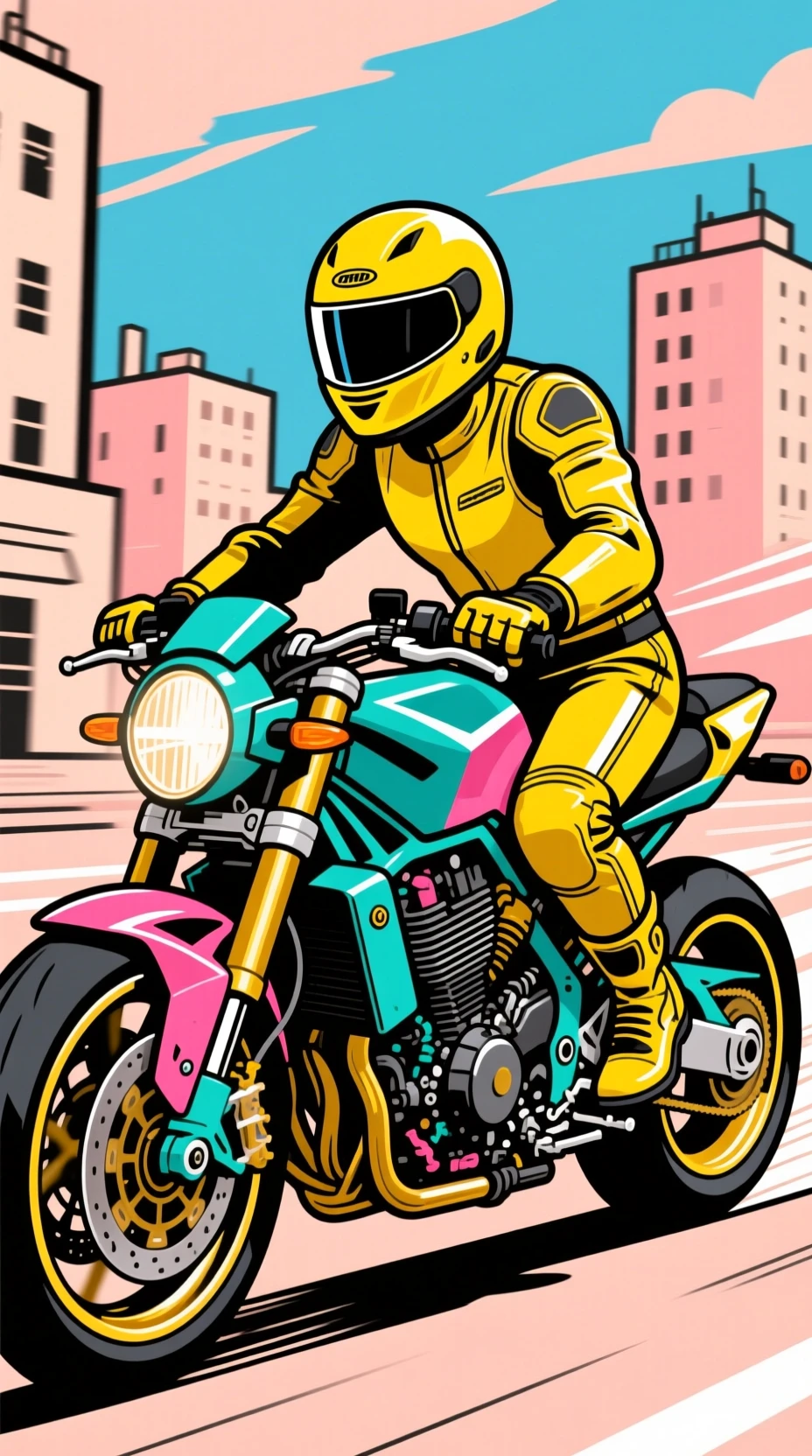 Motociclista em pop art colorido correndo por uma cidade estilizada