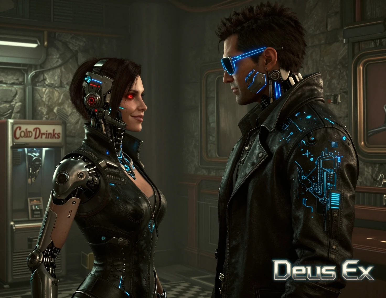 Cybernetic woman and detective in moody cyberpunk room