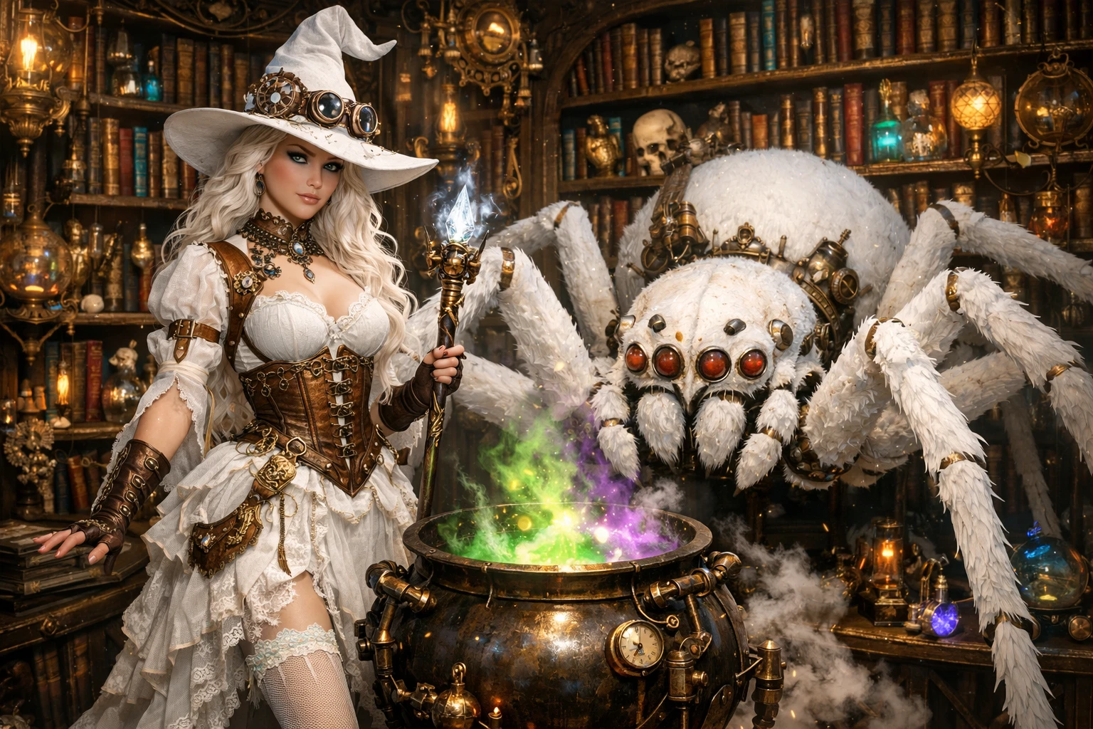 White steampunk witch standing in a mystical library