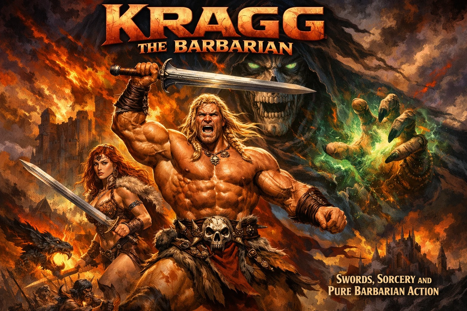 Muscular barbarian hero raising his sword in fantasy battle