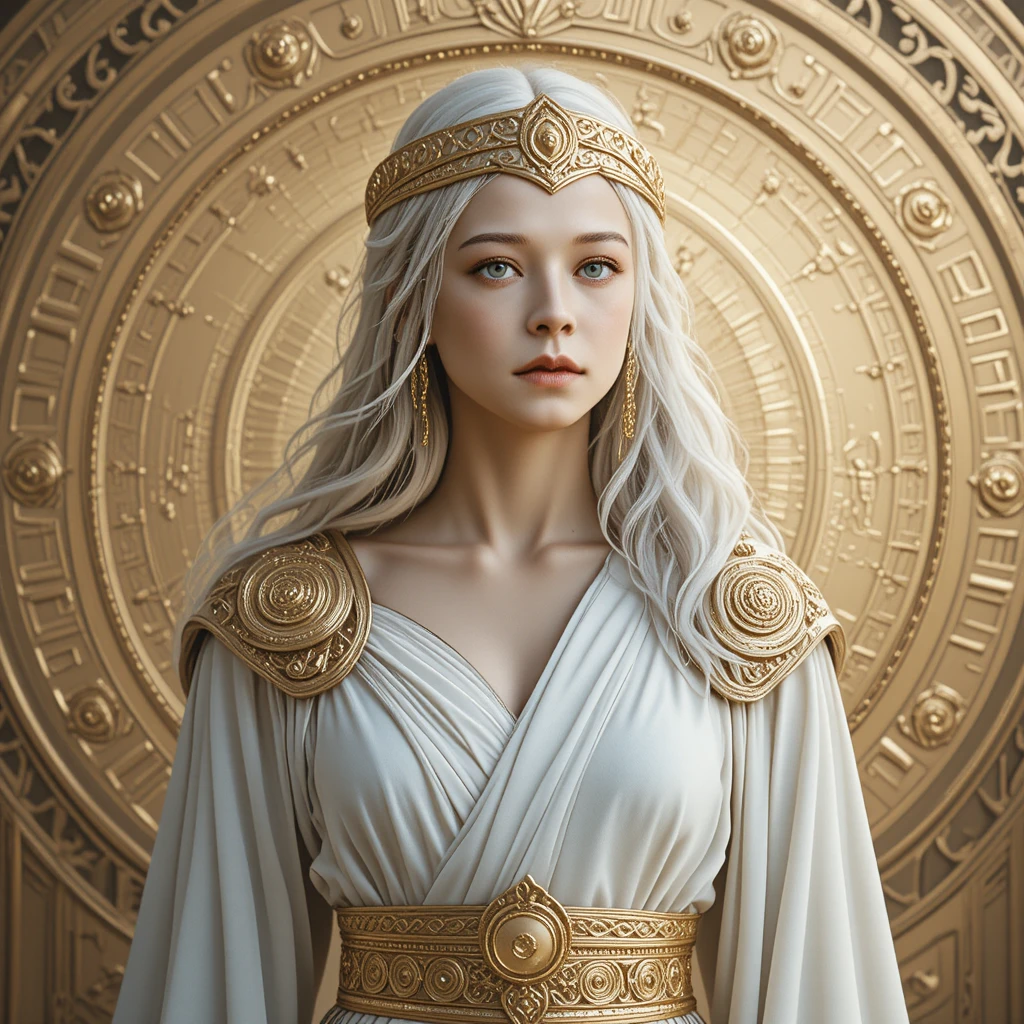 Regal white haired woman in gold and white ancient robes