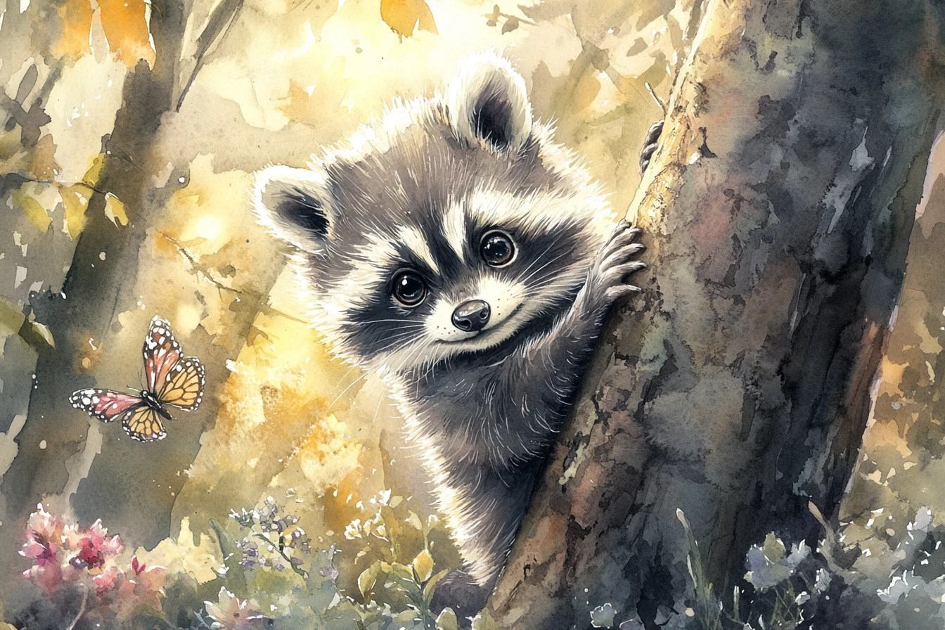 Süßes Baby-Waschbär-Aquarell, das hinter einem Waldbaum hervorlugt