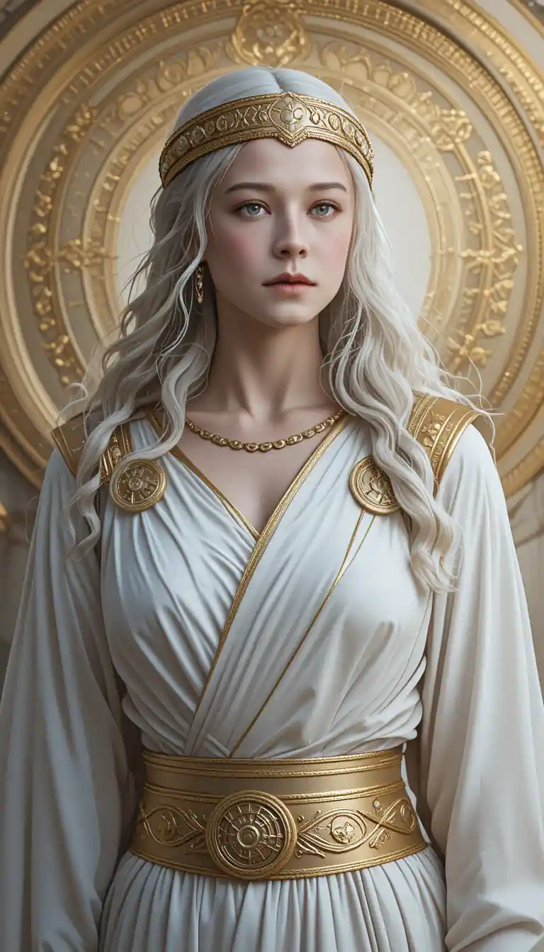 Regal white haired woman in gold greek inspired attire