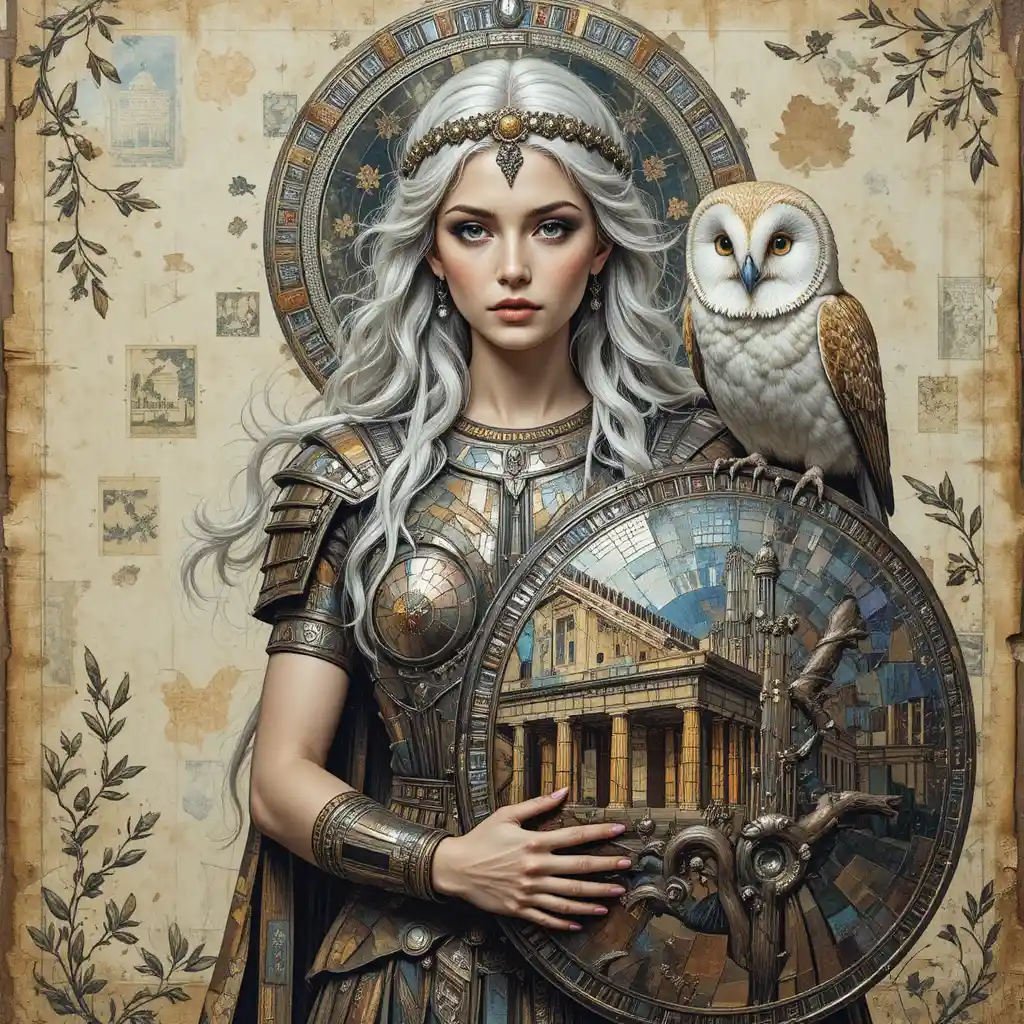 Athena warrior portrait with owl and reflective shield