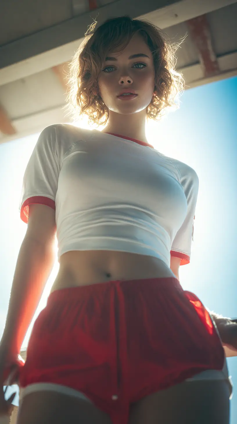 Athletic lifeguard woman posing by a beach tower
