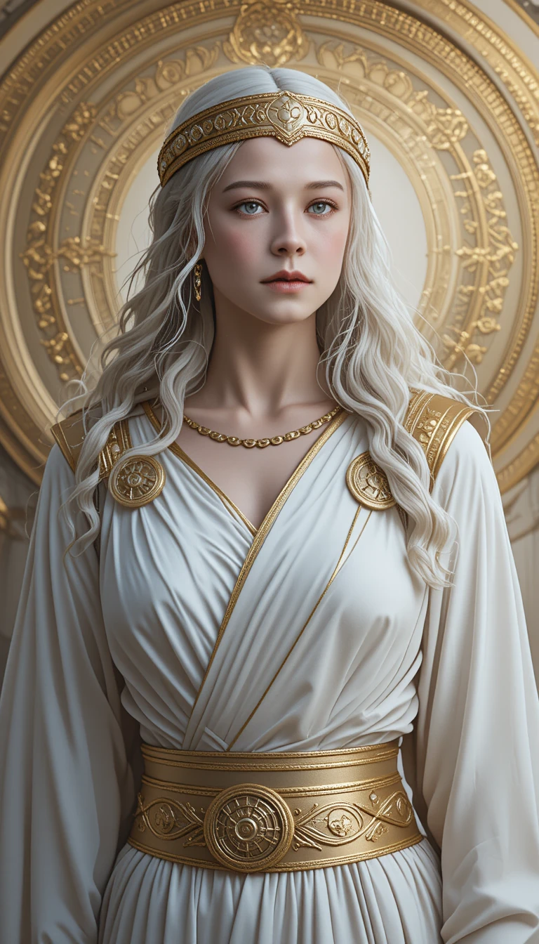Regal white haired woman in gold greek inspired attire