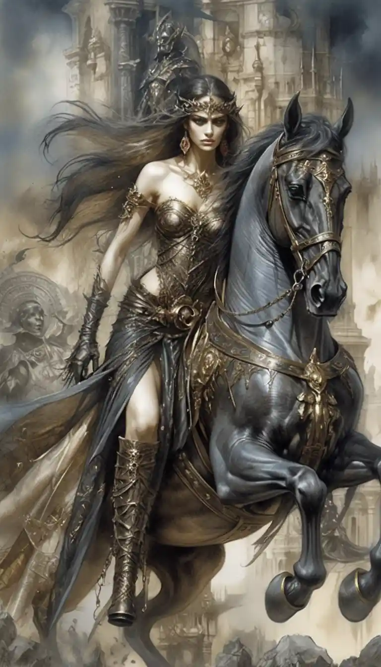 Regina guerriera dark fantasy a cavallo davanti alle rovine