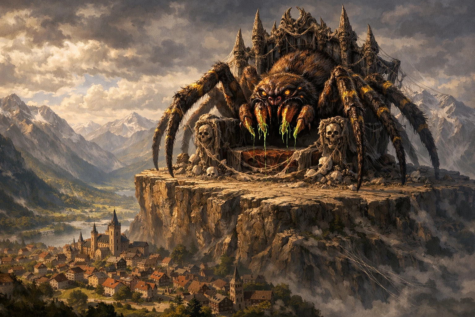 Spider god on a throne above a vast mountain valley